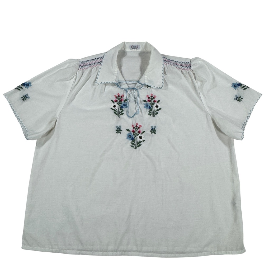Bex Switzerland Vintage Hand Embroidered Floral White Blouse Size 50 Boho Whimsy